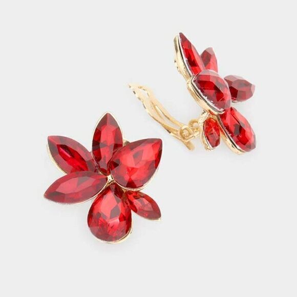 Marquise Teardrop Red Cluster Clip on Evening Earrings - Picture 1 of 5